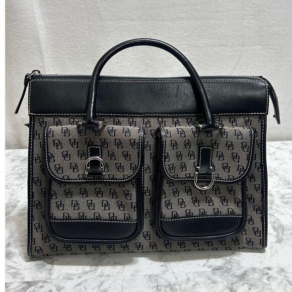 Dooney & Bourke Leather Canvas Tote Handbag H300C B1 Black Gray Double Pocket - Picture 1 of 13